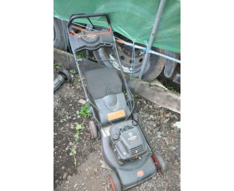 A FLYMO PIONEER 460SDE PETROL LAWNMOWER, with push button start and auto throttle and grass box (engine pulls freely but not 