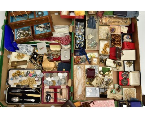 TWO BOXES OF ASSORTED ITEMS, to include a small wooden jewellery box, various pieces of costume jewellery such as imitation p