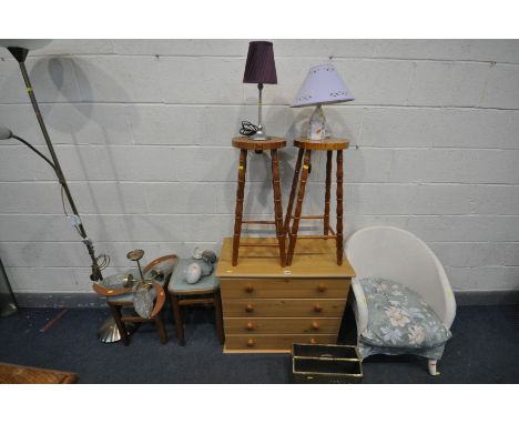 A QUANTITY OF OCCASIONAL FURNITURE, to include a modern chest of four drawers, a pair of tall pine stools, two other matched 