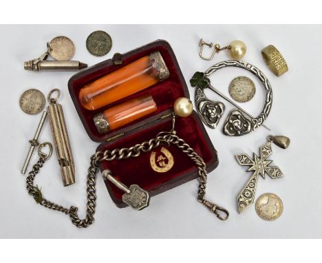 A BAG OF SILVER AND WHITE METAL ITEMS, to include a graduated silver albert chain fitted with a lobster claw clasp and T-bar,