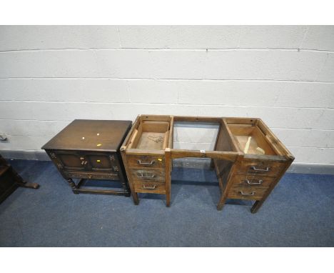 A 20TH CENTURY OAK KNEE HOLE DESK, with two banks of three drawers, length 107cm x depth 52cm x height 74cm (missing top) and