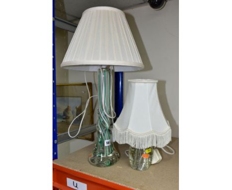 TWO GLASS BASED TABLE LAMPS, comprising a Strathearn  lamp with cased green and white spiral, impressed logo to base, height 
