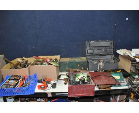TWO TRAYS, A TOOLBOX AND AN ENGINEERS TOOL CHEST containing tools including a tilly lamp, saws, hammers, hatchets, a socket s