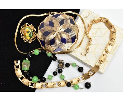 A BAG OF ASSORTED ITEMS, to include a signed Trifari necklace, a boxed Stratton compact, other assorted jewellery items