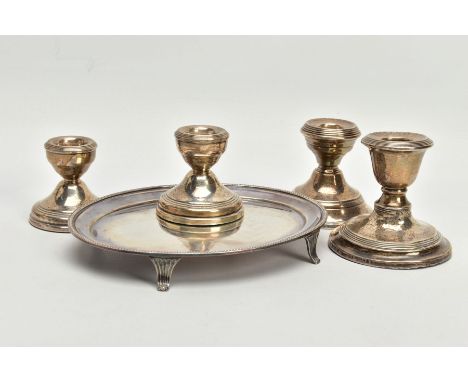 A BOX OF ASSORTED SILVERWARE, to include a small silver tray with beading detail and four feet, hallmarked 'C J Vander Ltd' L