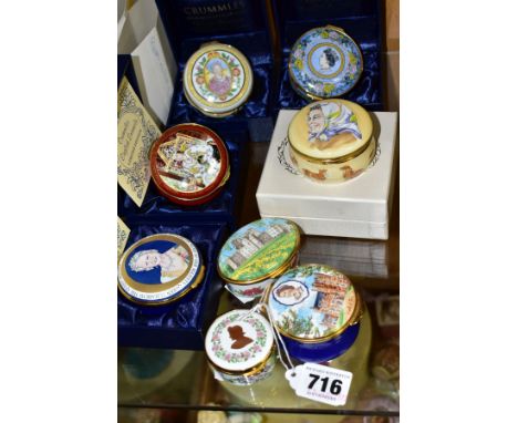 EIGHT ROYAL COMMEMORATIVE ENAMEL BOXES, comprising five boxed examples, Staffordshire Enamels portrait of Queen Elizabeth and