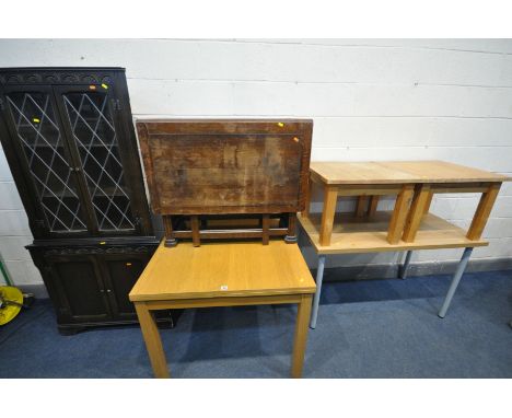 AN OAK DRAW LEAF DINING TABLE, 90cm squared x height 70cm, along with an oak affect table on chrome legs, a pair of beech lam