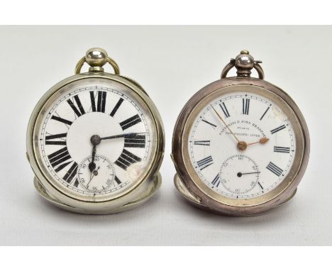 TWO OPEN FACE POCKET WATCHES, the first a white metal pocket watch with a white ceramic dial signed 'Fattorini &amp; Sons Bra