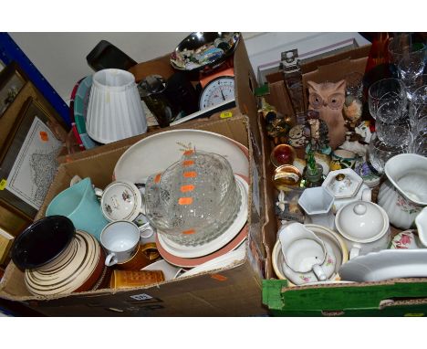 FOUR BOXES AND LOOSE CERAMICS, GLASSWARES, PICTURES AND SUNDRY ITEMS, to include a small Wemyss pot painted with yellow fruit