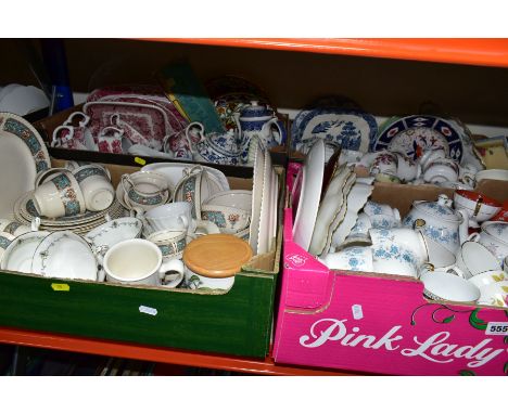 FOUR BOXES OF CERAMIC TEA AND DINNER WARES, to include a fifty piece Johnson Bros Old English pattern dinner service, a Portm