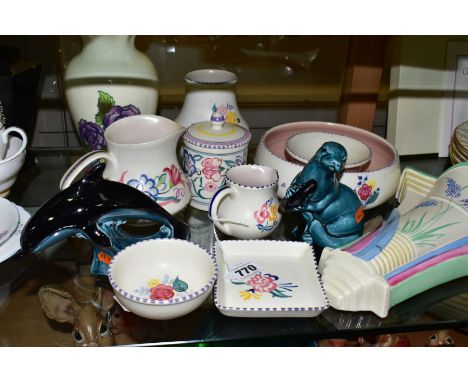 A GROUP OF POOLE POTTERY AND OTHER CERAMICS, to include handpainted Poole vases, jugs, preserve pot and trinket dish, Poole o