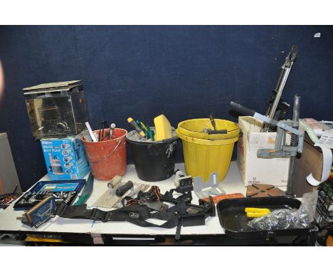 A COLLECTION OF TOOLS including a Thermal Tempest Greenhouse Heater, a Hozelock water pump, a mitre saw, corner clamp, vice e