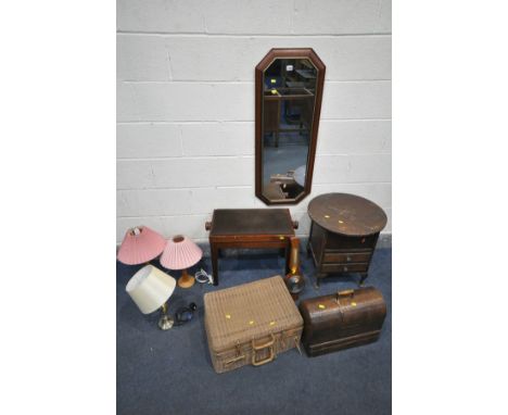 A VINTAGE OAK SINGER SEWING MACHINE, along with an oak sewing box (worn finish) a telescopic piano stool, wicker picnic baske