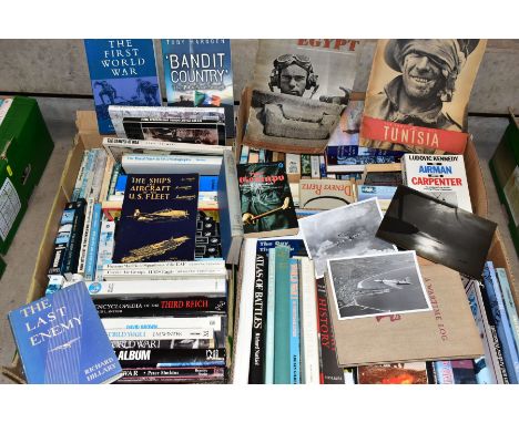 THREE BOXES OF MILITARY HISTORY BOOKS, PHOTOGRAPHS ETC approximately one hundred and fifty titles to include WW1 and WW2, the