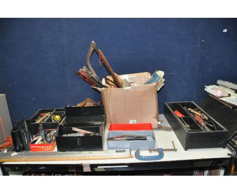 THREE TRAYS, A BOX AND TWO TOOLBOXES CONTAINING TOOLS including saws, hammers, mallets, chisels, spanners, a Record G clamp, 