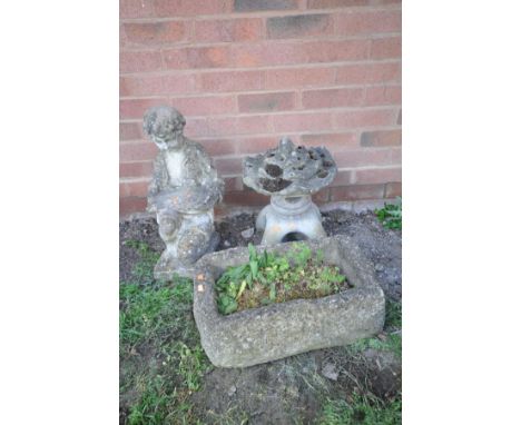 A SMALL COMPOSITE PAGODA, height 46cm, composite rectangular planter and garden ornament of a boy reading, height 52cm (3)