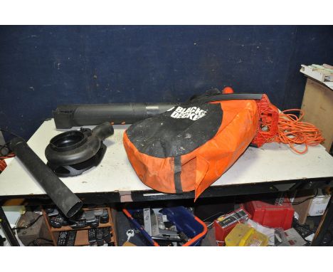 A BLACK AND DECKER GW2601V GARDEN VAC/BLOWER with adaptor, two pipes and collection bag and box of tools screwdrivers, tape m