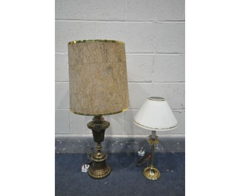 A LATE 20TH CENTURY BRASSED TABLE LAMP, with a large cylindrical cork effect shade, height to top of shade 87cm, and another 