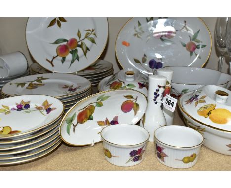 A TWENTY SEVEN PIECE ROYAL WORCESTER EVESHAM DINNER SERVICE, comprising two oval tureens, a scalloped serving dish, a meat pl
