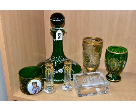 SIX PIECES OF 19TH AND 20TH CENTURY BOHEMIAN GLASSWARE, comprising a 19th century green glass bowl with gilt decoration and a