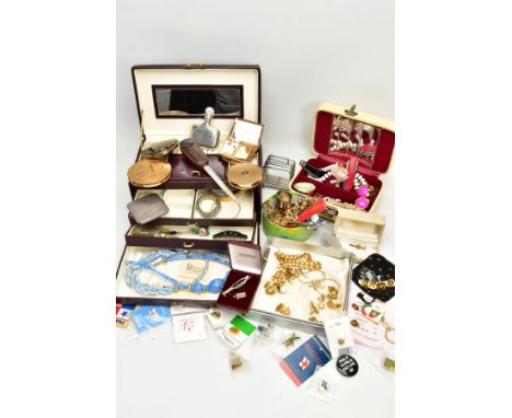 A BOX OF ASSORTED COSTUME JEWELLERY, to include a Christian Dior gold tone and imitation pearl necklace and earring set, sign