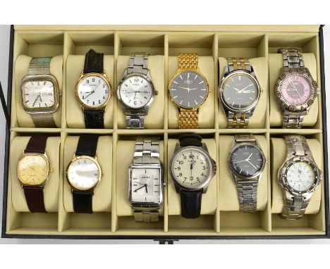 A WATCH DISPLAY CASE WITH WATCHES, black faux leather case with twelve watch storage spaces and twelve gents watches such as 