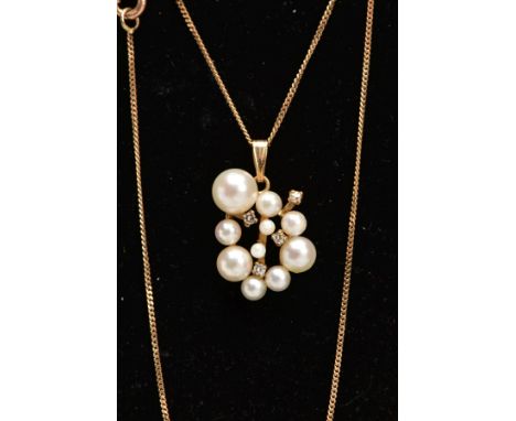 A 9CT GOLD PEARL AND DIAMOND NECKLACE,  a cluster of varying sized white pearls, approximate dimensions 6mm to 2mm, set with 