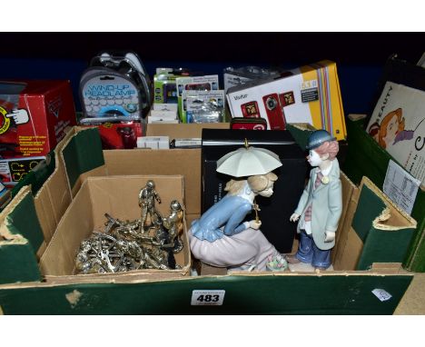 TWO BOXES OF CERAMICS, METAL FIGURES, DIGITAL CAMCORDER AND SUNDRY ITEMS, to include eight cast metal figures of people at wo