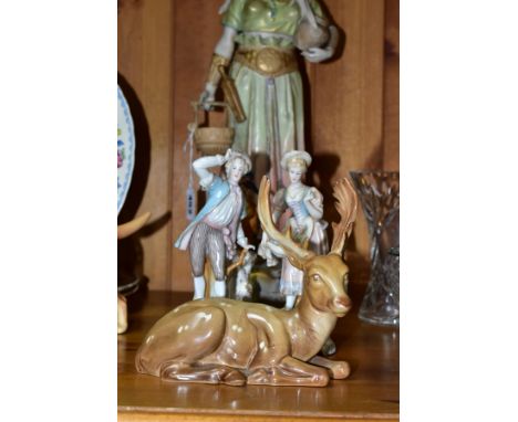 A 'ROYAL VIENNA' ART NOUVEAU STYLE FIGURE OF A MAIDEN  AND FOUR OTHER CERAMIC ITEMS, the Royal Vienna figure painted and impr