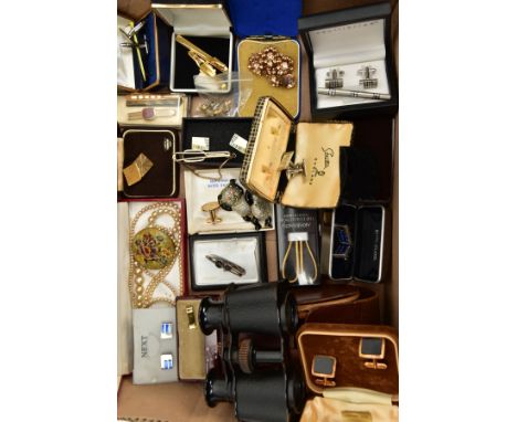 A BOX OF ASSORTED ITEMS, to include various gents cufflinks and tie clips, two paste set panda brooches, a paste set drop bro