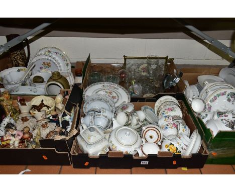 FIVE BOXES OF CERAMICS AND GLASSWARES, to include a fifty two piece Duchess Indian Tree pattern dinner service, a Wedgwood Mi