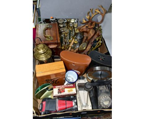 TWO BOXES OF METALWARES, MILITARY BOX, BINOCULARS, ROTARY TELEPHONE AND SUNDRY ITEMS, to include a wooden military box for a 