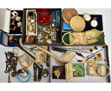 A BOX OF ASSORTED ITEMS, to include a pair of gold plated spectacles, two gold back and front locket pendants, gold plated fo