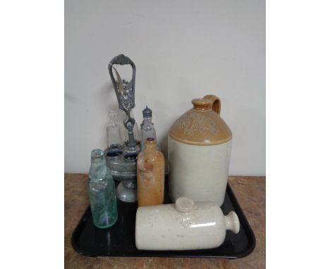 A Portobello ceramic flagon together with a part cruet stand, antique glass bottle etc.  