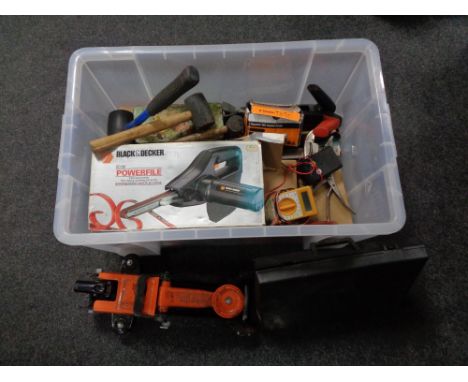A box containing cased tools, trolley jacks, hand tools, battery charger etc. 