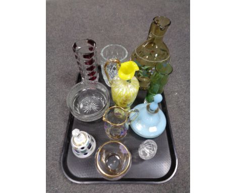 A tray containing antique and later glassware to include hand painted water jug, vase, hand bell, decanter, etc. 