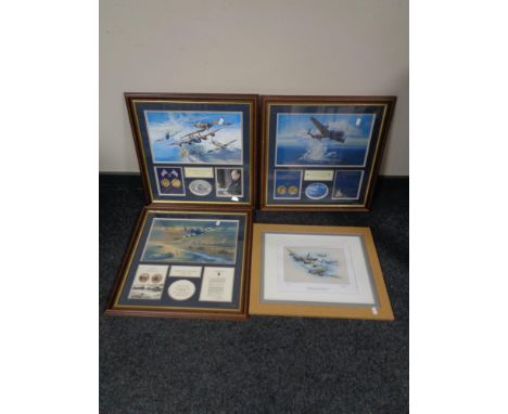 Three framed limited edition RAF montages containing coins together with a further framed John Hunter limited edition print, 
