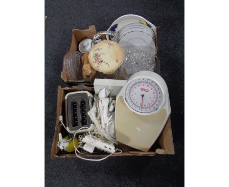 Two boxes containing miscellany to include kitchen scales, vintage soda siphon, dinner ware, comport etc.  