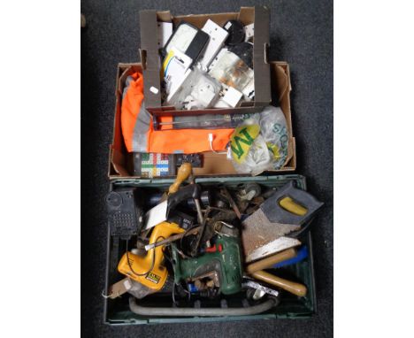 Two boxes containing a quantity of tools, hand drill, saws, sockets, Hi Vis jacket. 
