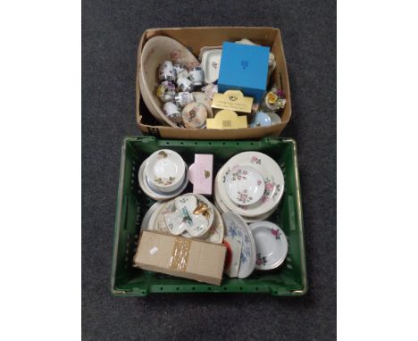 A box and a crate containing miscellany to include Royal Worcester egg coddlers, assorted tea china and dinner ware, Victoria