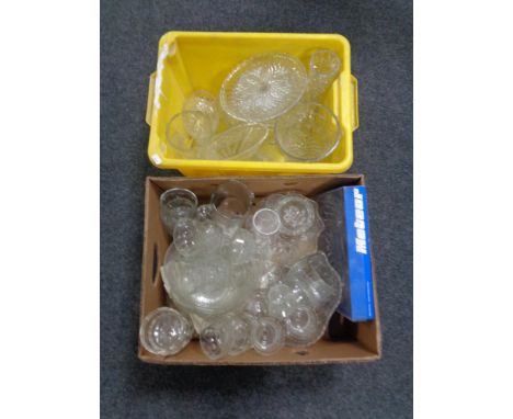 Two boxes containing 20th century pressed glass, to include dessert bowls, vases, serving dish etc, together with two vintage