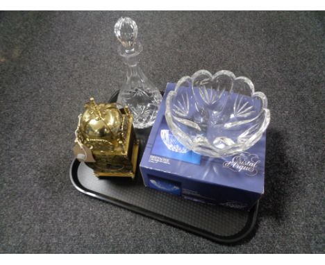 A tray containing a brass Smith's lantern clock, Edinburgh Crystal decanter with stopper together with two glass bowls (one b