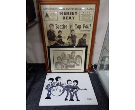 A pine framed Mersey Beats 1962 reproduction print - The Beatles, together with unframed Beatles wall canvas dated 1971 and o