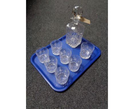 A tray of crystal decanter, whiskey tumblers, Edinburgh Crystal, etc. 