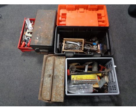 A plastic toolbox together with a metal toolbox, tool chest and further crate containing a large quantity of assorted hand to