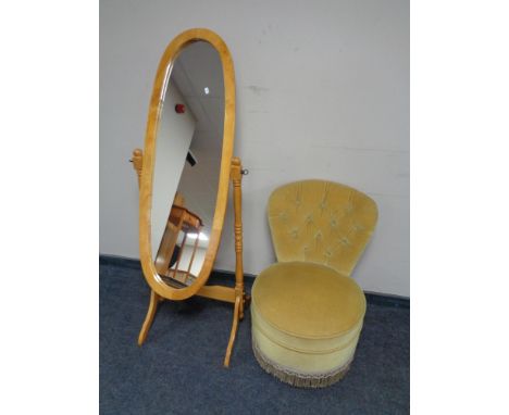 A pine cheval mirror together with a button dralon upholstered bedroom chair. 