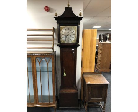 An oak eight day caddy top longcase clock, 18th century and later, silvered dial signed John Brice, Sandwich, with pendulum a