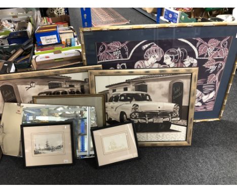 An early twentieth century frameless mirror together with a collection of pictures and prints, print in an ornate frame etc. 