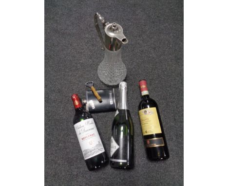 A cut glass and silver plated claret jug together with two bottles of wine and a bottle of Alliance Brut together with a hip 