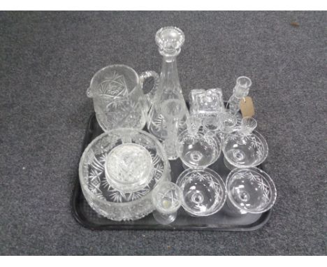 A tray containing twentieth century glassware to include assorted drinking glasses, bowl, jug, decanter with stopper. 